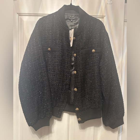 NWT Strut & Bolt Meredith Metallic Tweed Bomber Jacket Black Size Small - Picture 2 of 7